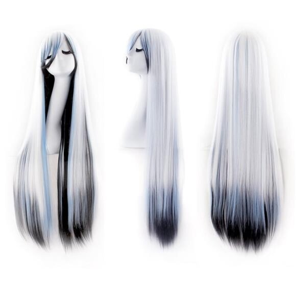 40" 100cm Anime Costume Long Straight Cosplay Wig Party Wig (White/Blue/Black) - Picture 4 of 6